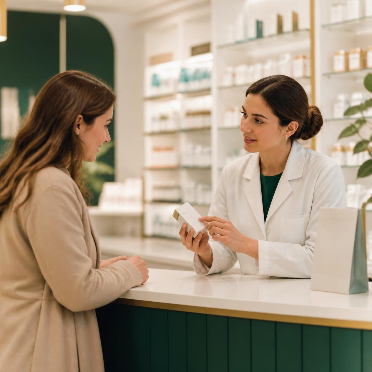 Pharmacist explaining medication instructions to a customer