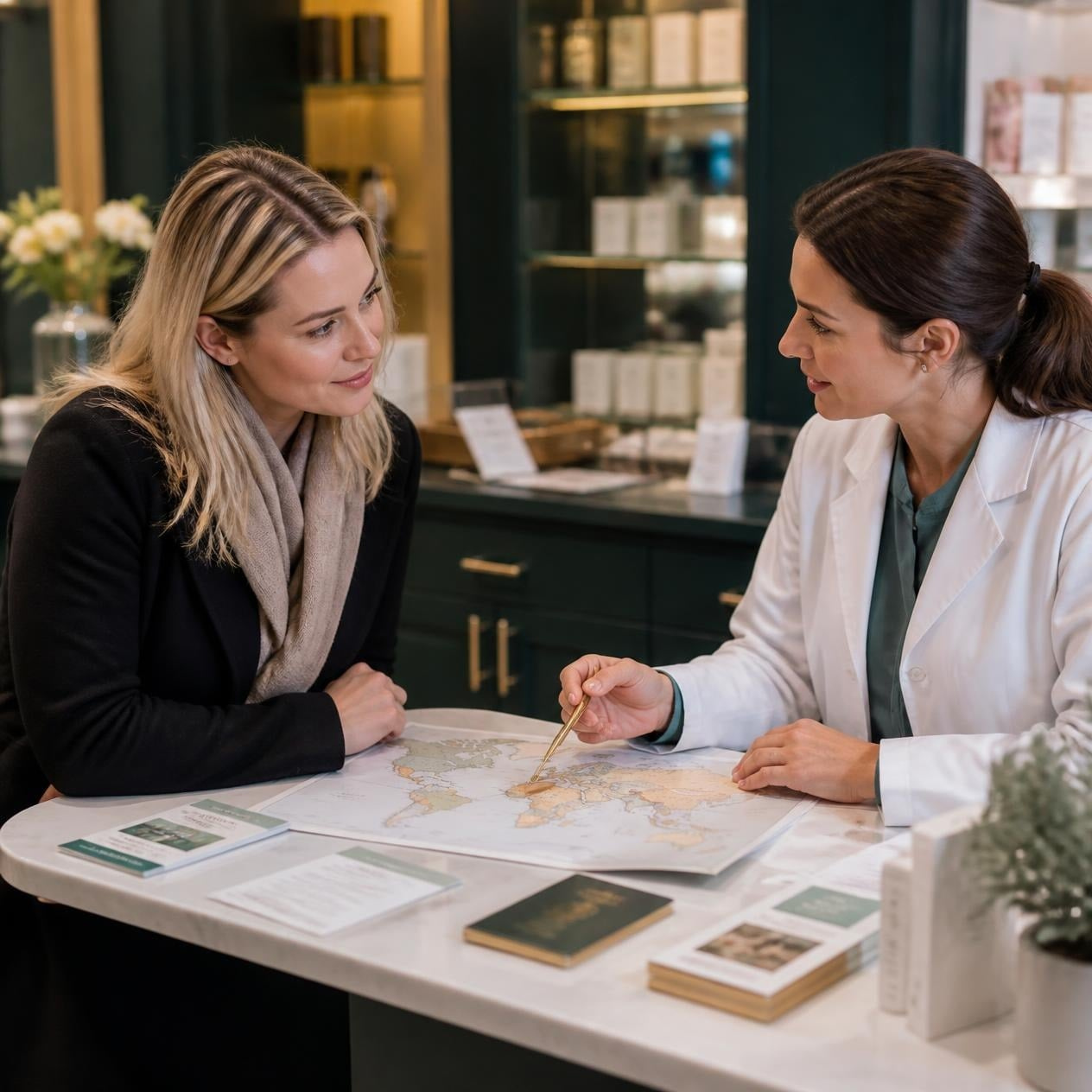 Pharmacist discussing travel vaccination requirements with a customer